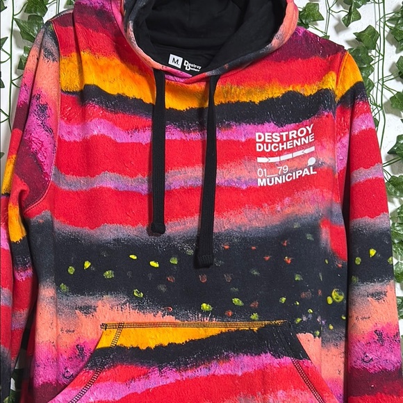 MUNICIPAL HOODIE Bold Red and Orange Crewneck Sweater with Distressed Look - Picture 3 of 3